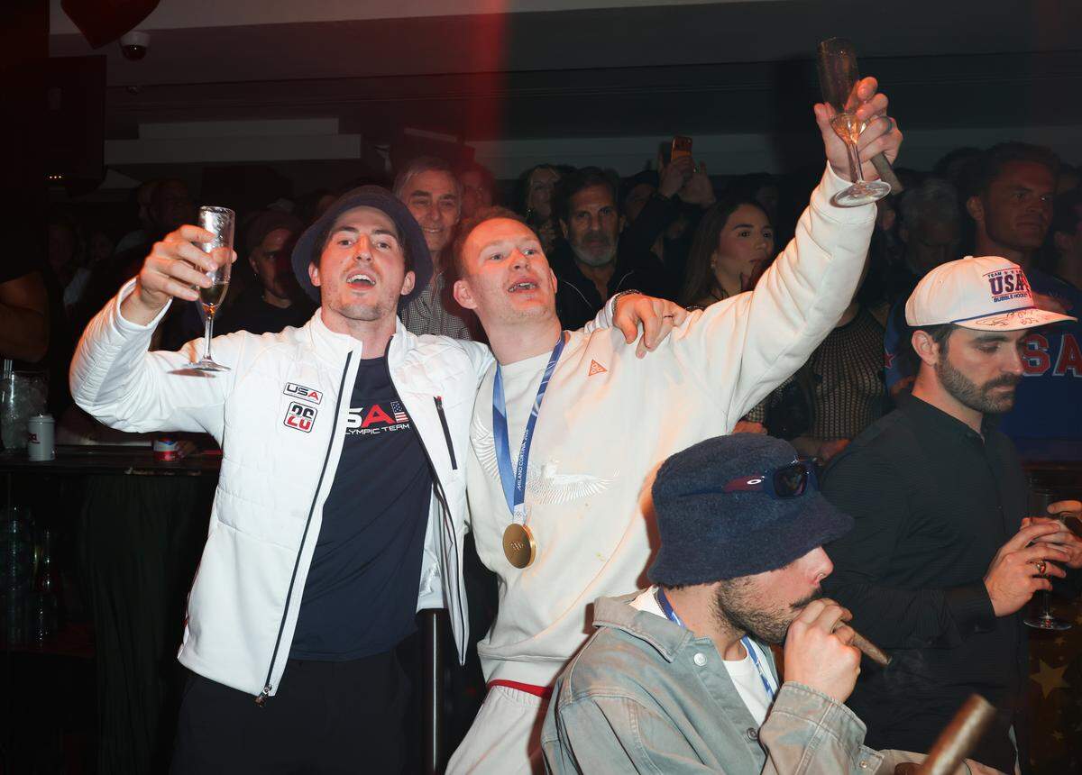 MIAMI, FLORIDA - FEBRUARY 23: Zach Werenski and Brady Tkachuk attend a celebration of the USA Men's Hockey Team's Olympic Gold at E11EVEN Miami on February 23, 2026 in Miami, Florida.  (Photo by Alexander Tamargo/Getty Images for E11EVEN Miami)