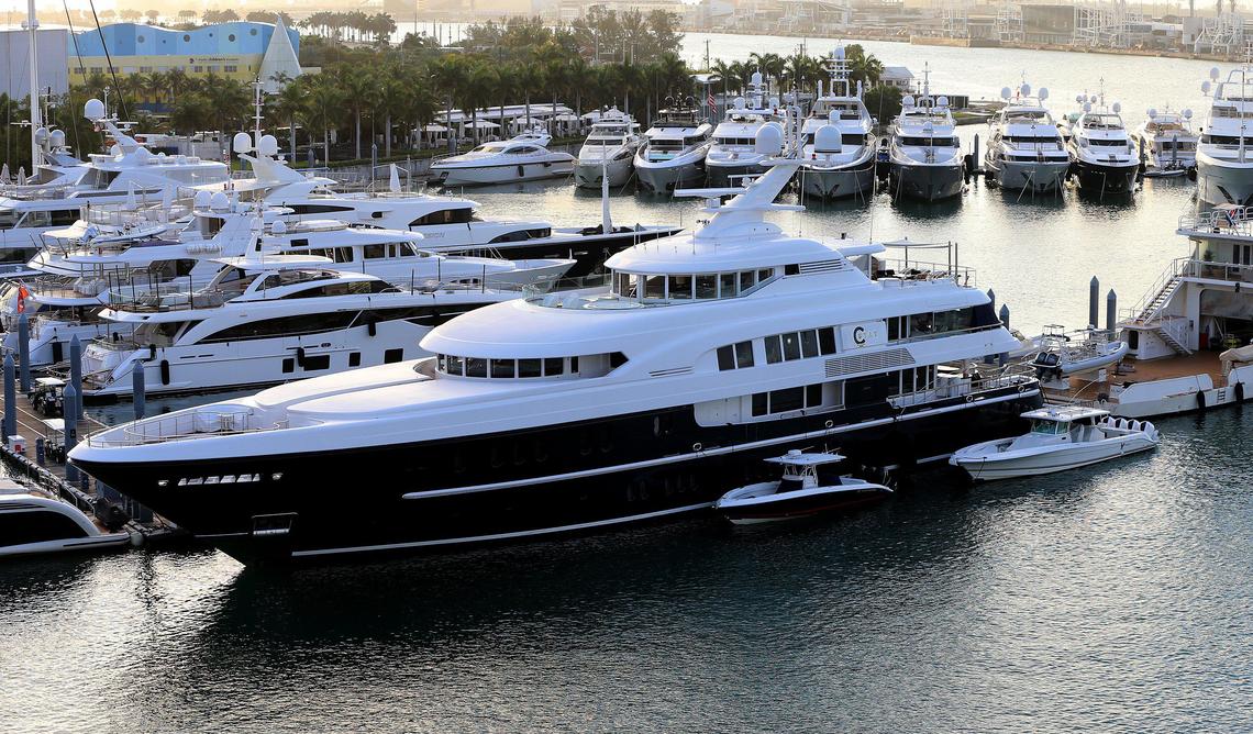 Many big yachts are docked at Watson Island, their owners in Miami for the Super Bowl of extravagance.