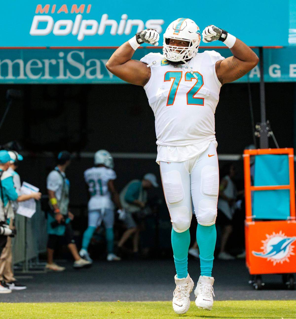 Miami Dolphins offensive tackle Terron Armstead (72) takes the field with his teammates before the start of an NFL football game against the New England Patriots at Hard Rock Stadium on Sunday, September 11, 2022 in Miami Gardens, Florida.