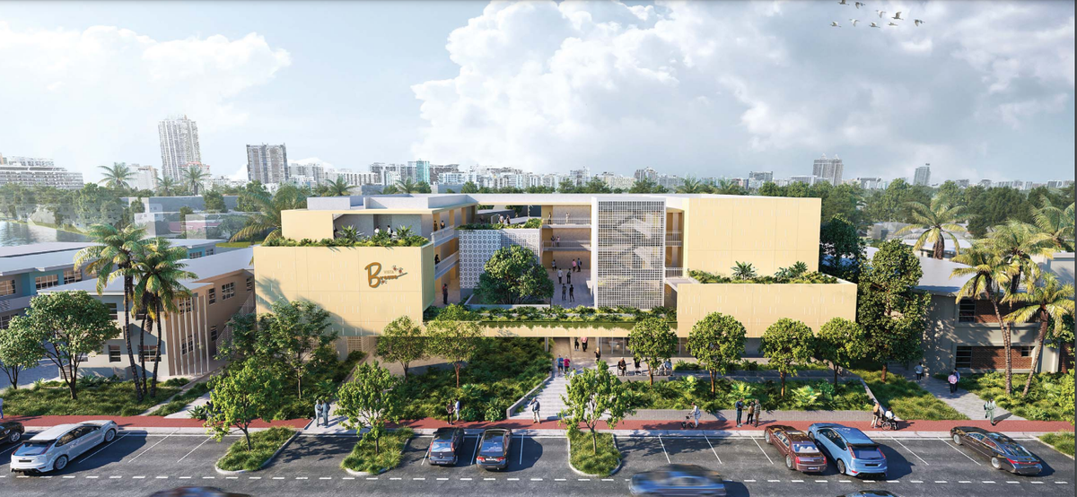 Both projects would have a total of 119 affordable housing studios for seniors. Above: A rendering of Breeze, which would sit on the Normandy Waterway.