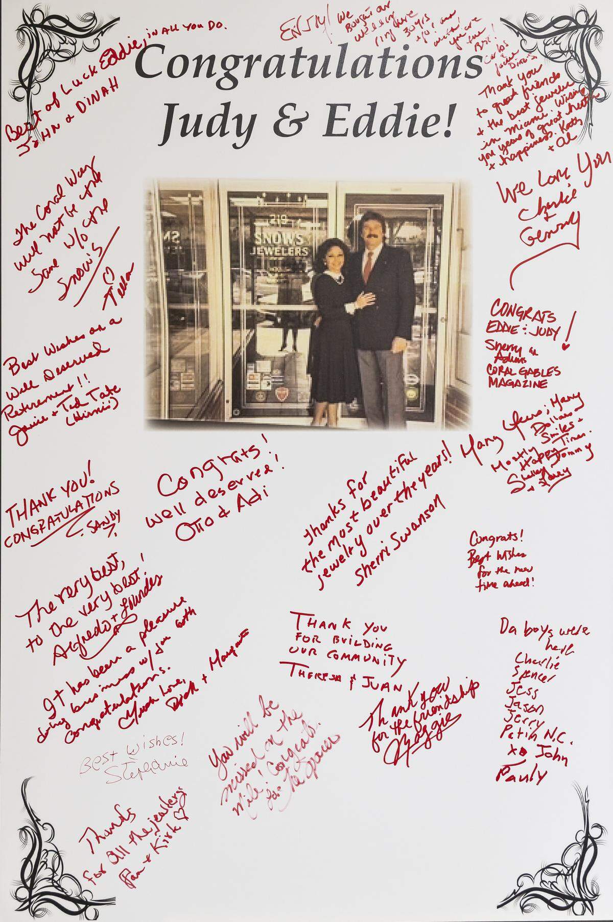 Handwritten messages and notes cover a poster inside Snow's Jewelers on Friday, Jan. 9, 2025, in Coral Gables, Fla. The jewelry shop, which has operated for more than 50 years, is closing its Miracle Mile location as owners Eddie and Judy Snow prepare to retire in April.