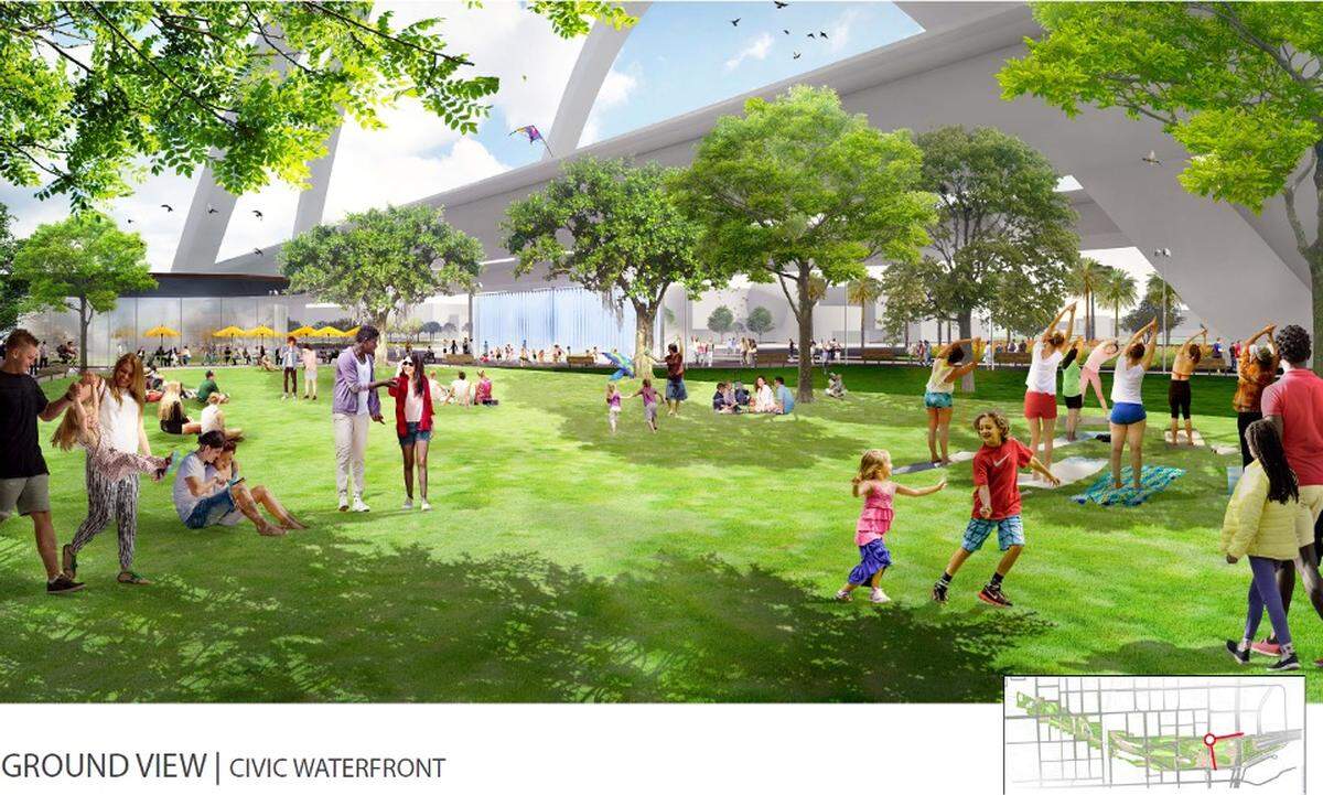 Renderings show what the green community spaces underneath the new Connecting Miami highways will look like.