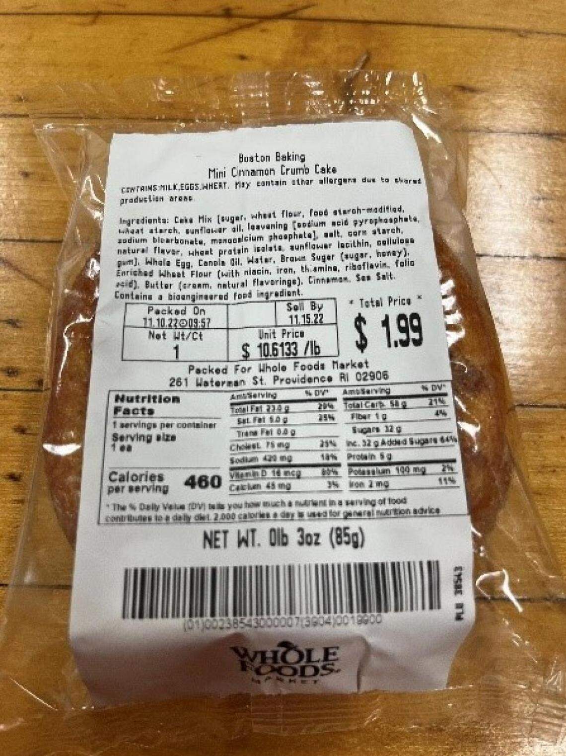 One of the recalled Boston Baking Mini Cinnamon Crumb Cakes with its label.