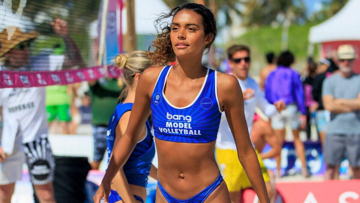 CGM Caroline Gleason Management model in action against JLM Strategic Talent Partners team during day two of the 12th annual Bang Model Volleyball tournament at 8th street and Ocean Drive on Sunday, March 13, 2022 in Miami Beach, Fl.