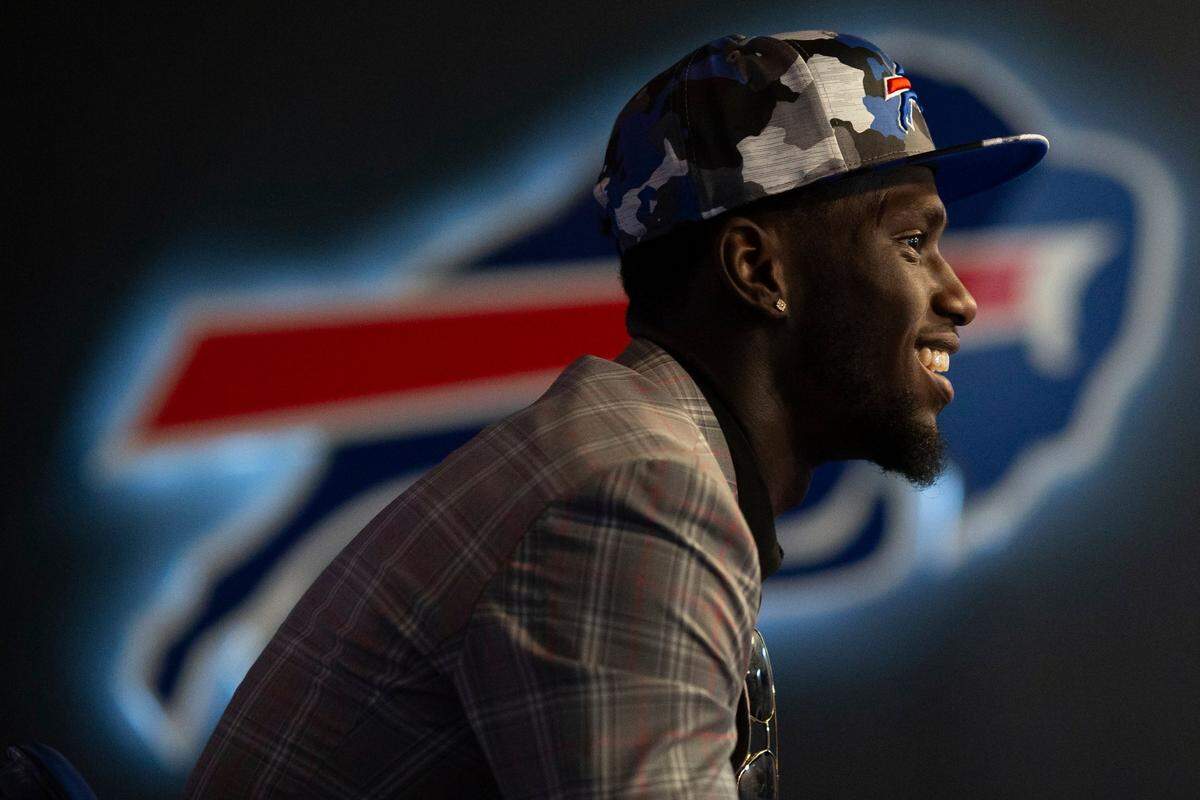 Buffalo Bills first-round draft pick Kaiir Elam speaks during an introductory news conference Friday, April 29, 2022, in Orchard Park, N.Y. (AP Photo/Joshua Bessex)