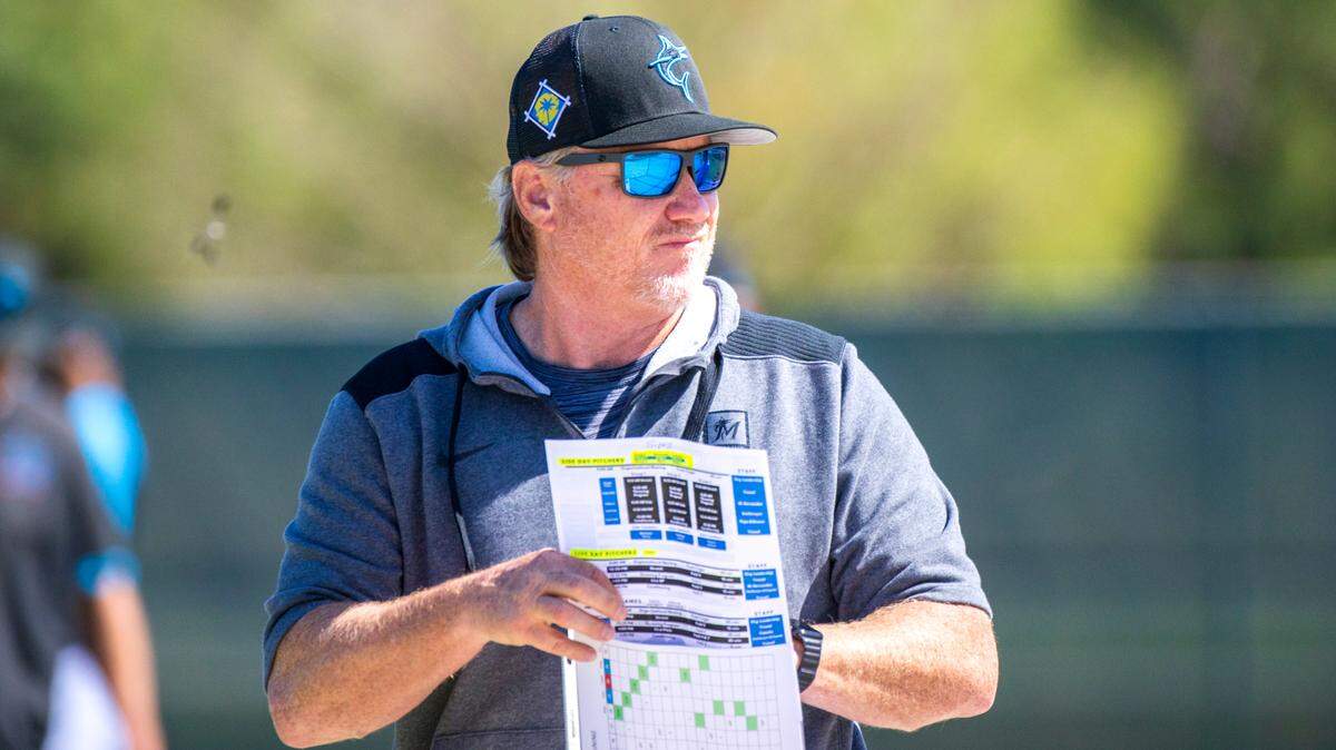 Miami Marlins pitching coach Mel Stottlemyre Jr looks on during the first full-squad spring training workout at Roger Dean Stadium on Monday, March 14, 2022 in Jupiter, FL.