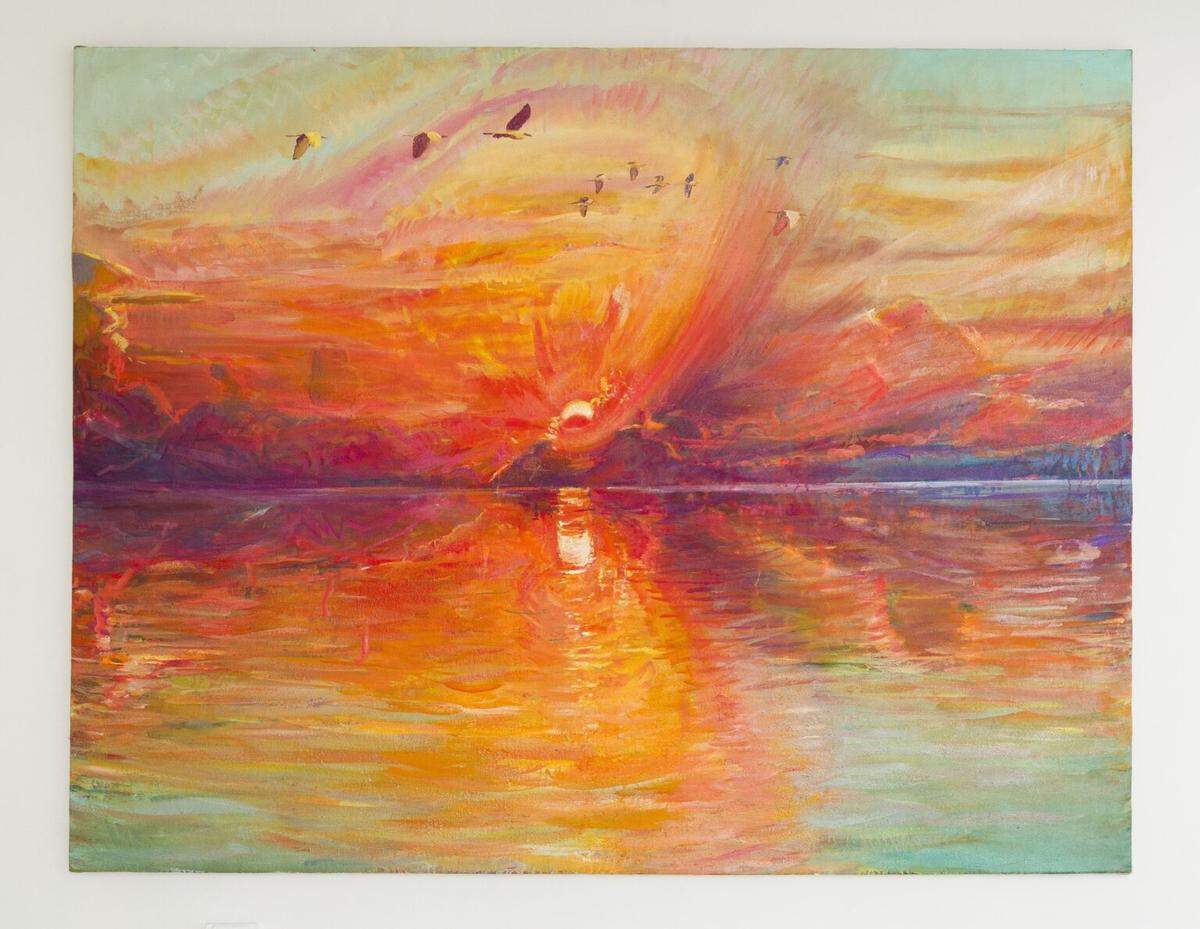 Magnus Sodamin, “Symphony of the Sun (Florida Bay),” 2024. Oil on hemp, 69 x 89 in.