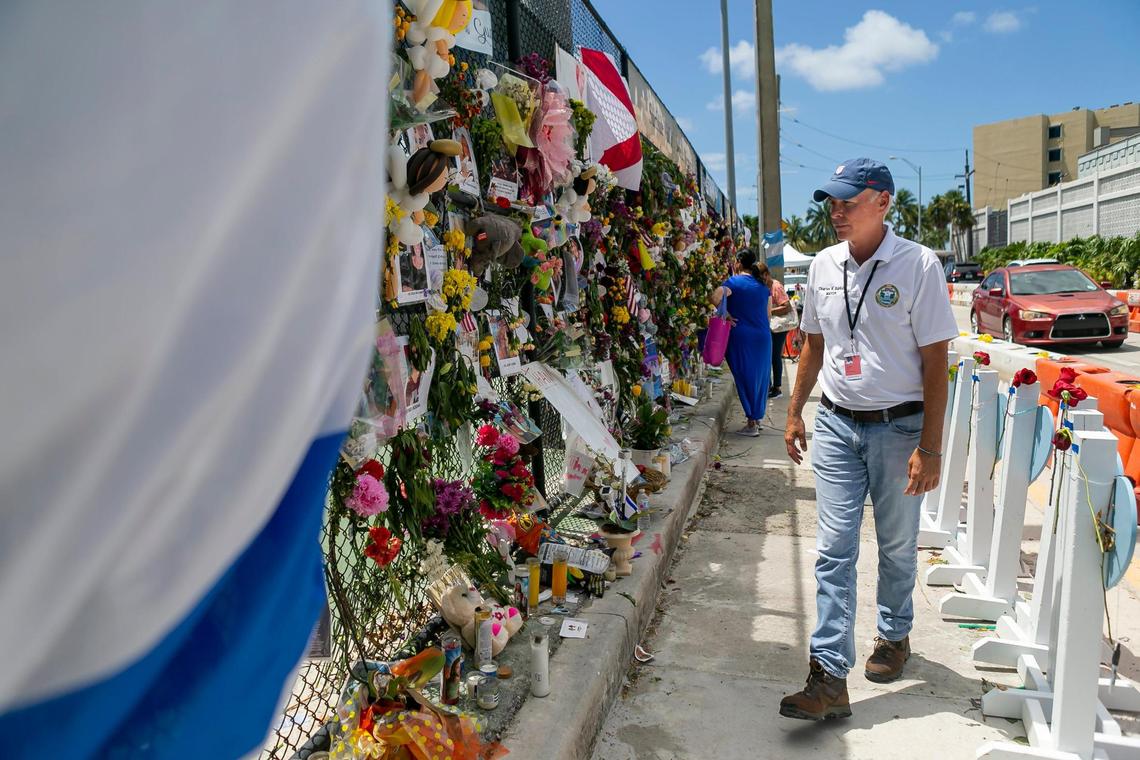 Surfside Mayor Charles Burkett visited the Surfside Wall of Hope & Memorial as rescue teams continued their recovery mission at the collapsed Champlain Towers South site on July 16.