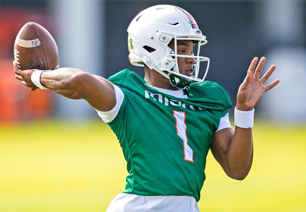 Miami Hurricanes quarterback D’Eriq King (1) sets up to pass during a March 2 practice. King impressed everyone during the Hurricanes’ first week of spring practices.