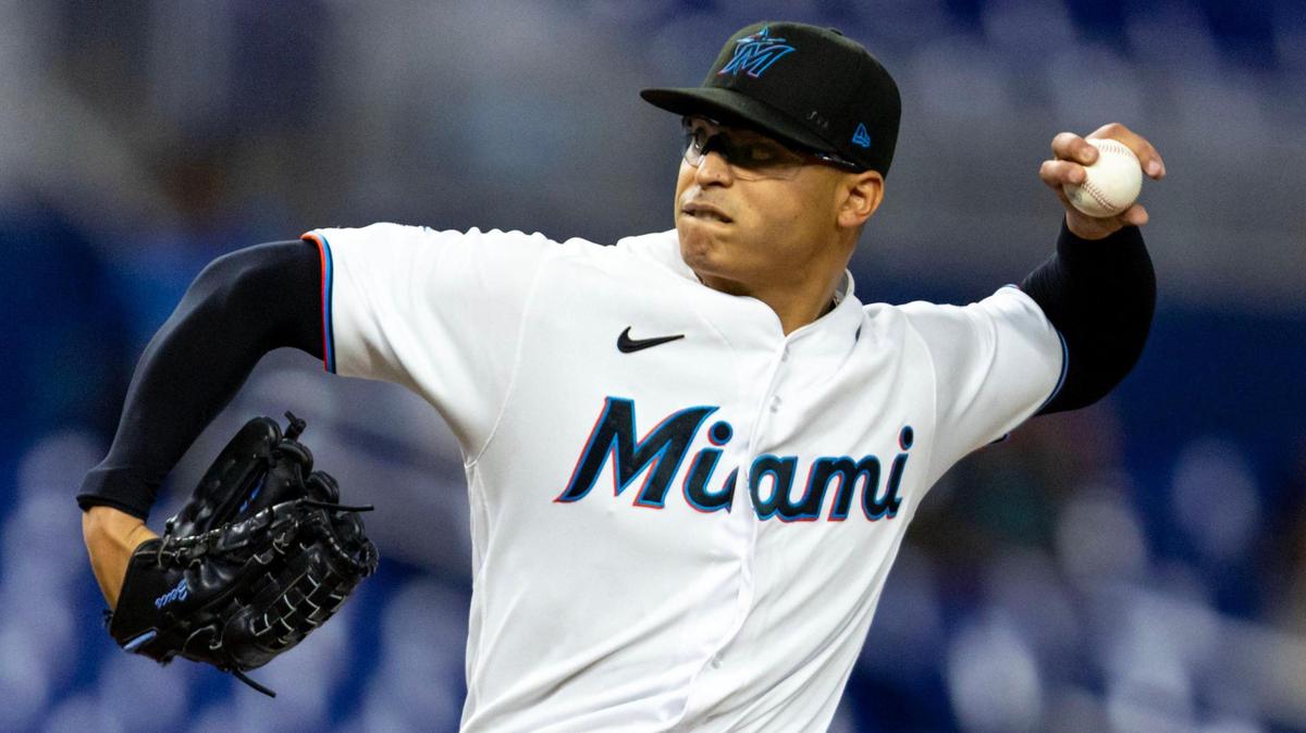 Miami Marlins pitcher Jesús Luzardo (44) throws the ball during the first inning of an MLB game against the Kansas City Royals at loanDepot park in the Little Havana neighborhood of Miami, Florida, on Tuesday, June 6, 2023.