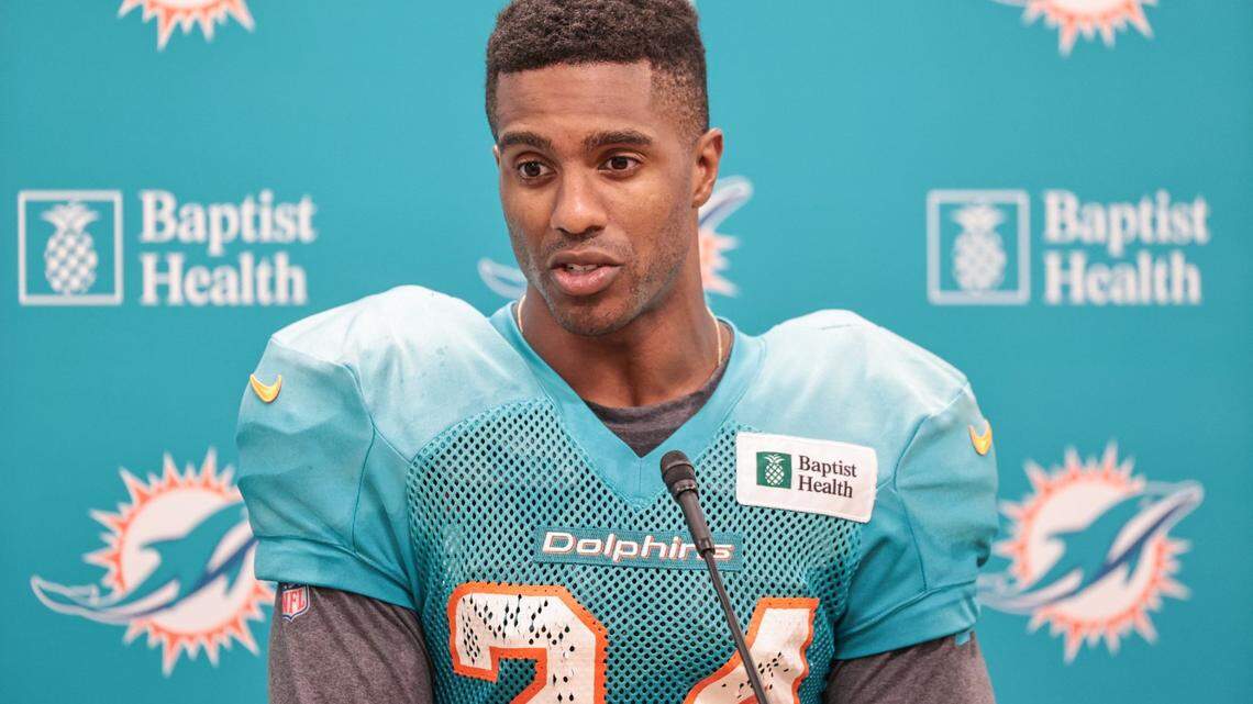 Miami Dolphins cornerback Byron Jones (24) speaks to reporters at Baptist Health Training Complex in Miami Gardens on Wednesday, December 01, 2021.