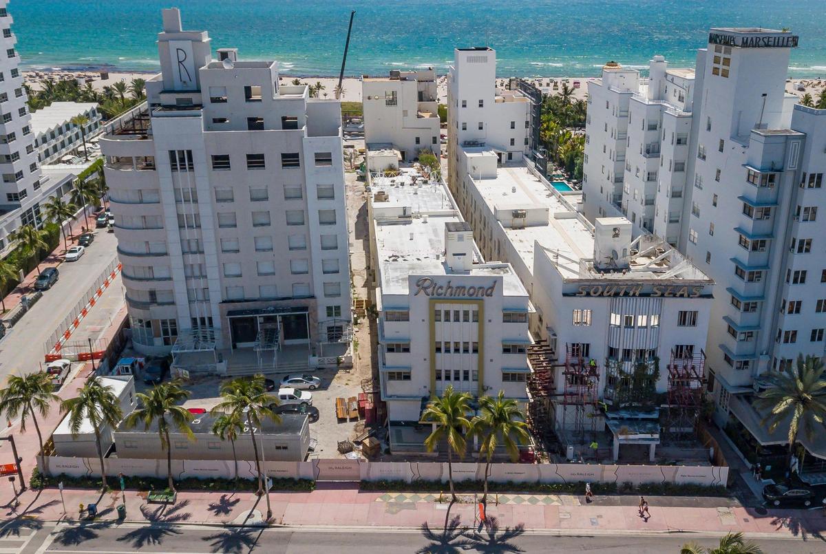 This is an aerial view (from left to right) of The Raleigh, Richmond Hotel and South Seas Hotel near Collins Avenue and 18th Street on Friday, July 29, 2022, in Miami Beach. Developer Michael Shvo will start partial demolition of the hotels next week.