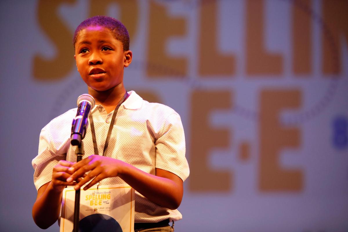 James Henry, a fifth-grader at Pembroke Pines Charter Elementary School, participates in the Miami Herald Broward Spelling Bee at the Charles F. Dodge City Center, Pembroke Pines, on Thursday.