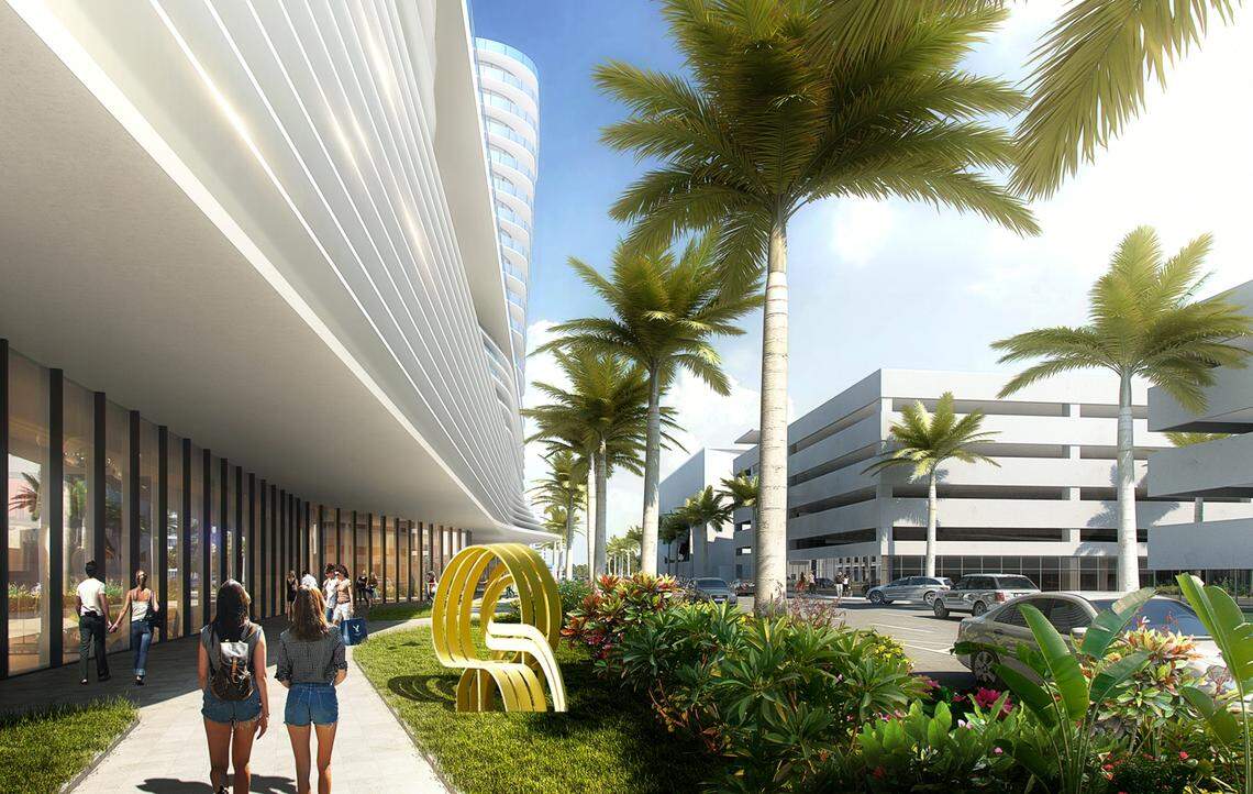 Rendering of the pedestrian experience along 17th Street in front of the proposed Miami Beach convention center hotel.