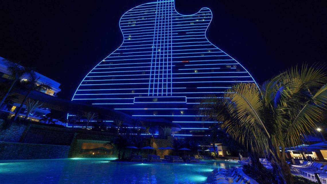 On the first Friday of the month, visitors can join the free party poolside at the guitar hotel.