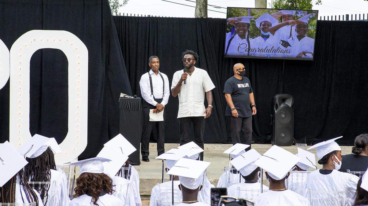 Guest speaker and Miami Herlad Race and Culture reporoter C. Isaiah Smalls II speaks to the students during a special Juneteenth Commencement Celebration at M.E.Y.G.A. (Multi-Ethnic Youth Group Association) Learning Center Liberty City, Florida, on Saturday, June 19, 2021.