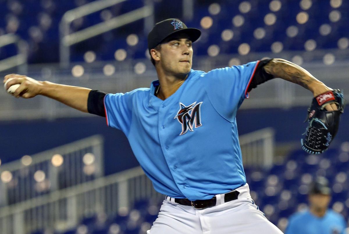 Jordan Holloway pitches in the second inning as Miami Marlins hosted at Marlins Park the team’s instructional camp for fifty-five invite-only prospects ending with game among attendees at 3pm on Tuesday, September 17, 2019 in Miami, Florida.