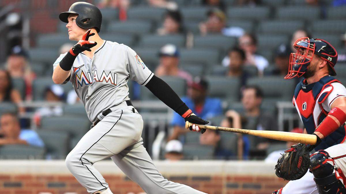 ATLANTA, GA - JULY 30: Brian Anderson #15 of the Miami Marlins hits a first inning two-run home run against the Atlanta Braves at SunTrust Park on July 30, 2018 in Atlanta, Georgia. (Photo by Scott Cunningham/Getty Images)