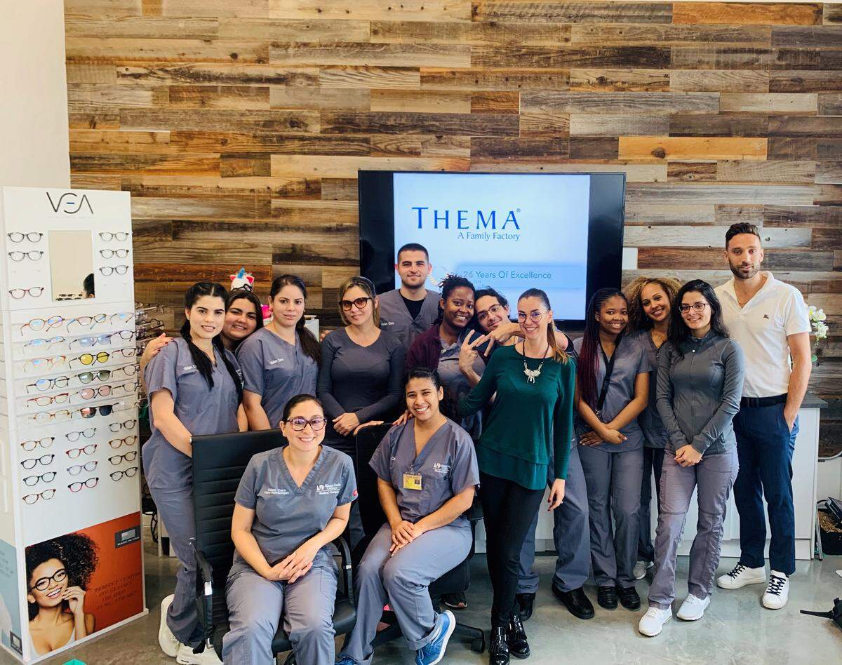 Miami Dade College and Thema Optical have teamed up to provide students in the college’s Vision Care Technology and Opticianry program the chance to learn how customizable eyewear is made. Pictured above with the students are Giulia Valmassoi, CEO of Thema Optical’s North America branch, and Oscar Bettello, COO of Thema Optical’s North American branch, during a visit to the company’s Miami factory.
