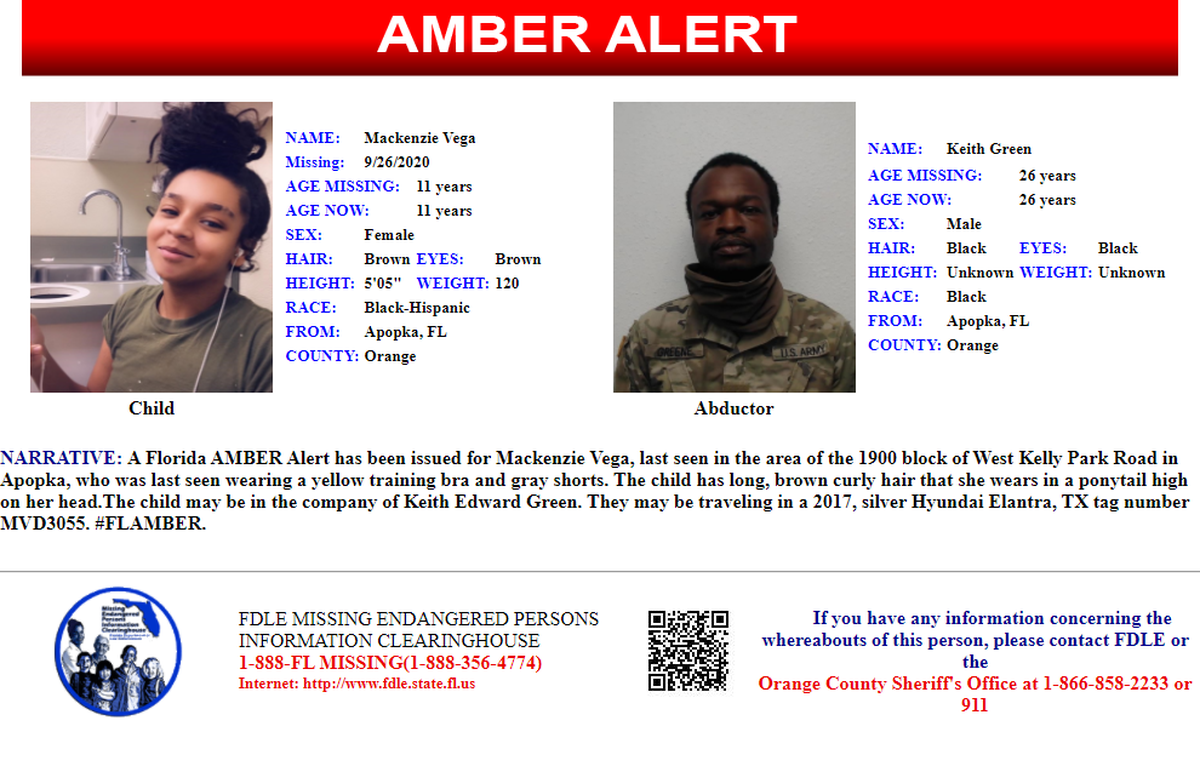The Florida Department of Law Enforcement issued an Amber Alert for 11-year-old Mackenzie Vega, who authorities say was abducted by Keith Green.