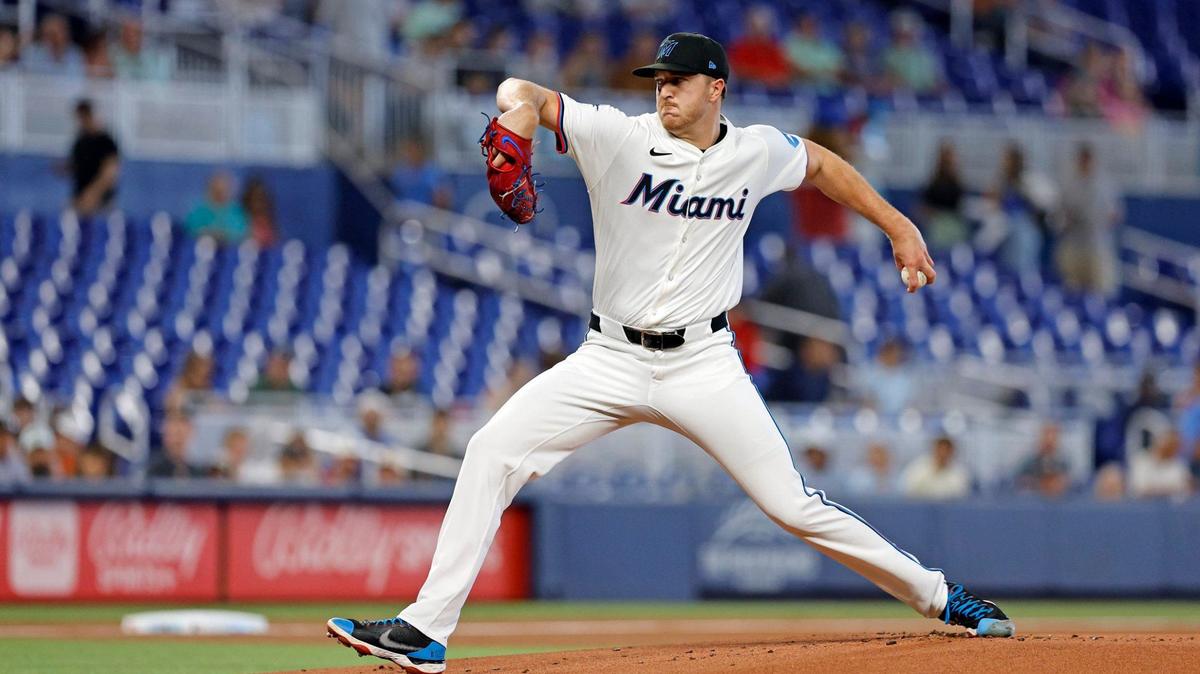 Miami Marlins pitcher Trevor Rogers (28) pitches in the first inning against the San Francisco Giants at loanDepot park, Miami, Florida on Wednesday, April 17, 2024.