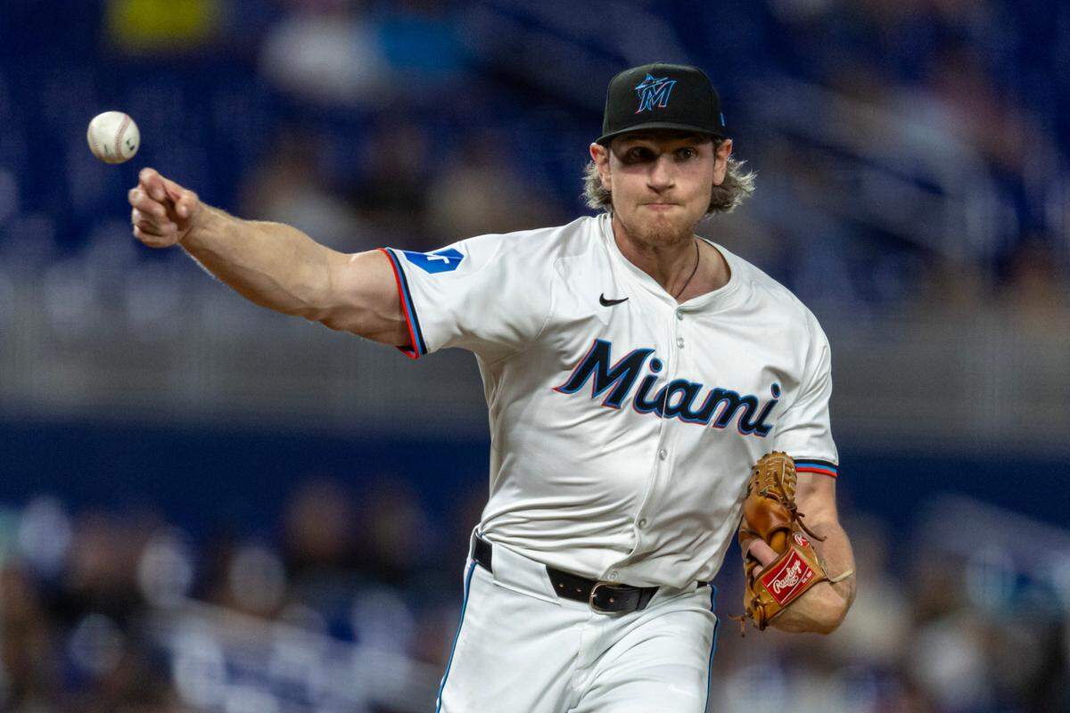 Miami Marlins pitcher Declan Cronin (51) throws to first base during the eighth inning of an MLB game against the Miami Marlins at LoanDepot Park on Monday, May 20, 2024, in Miami, Fla.