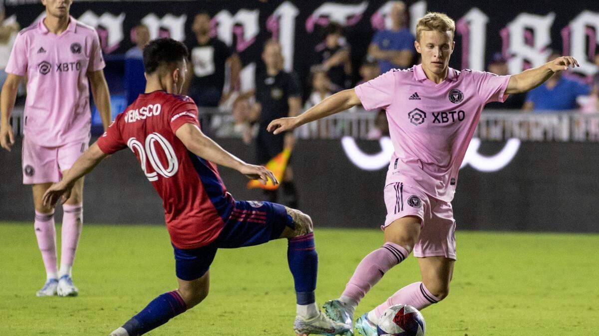 Inter Miami CF midfielder Bryce Duke (8) attacks while defended by FC Dallas forward Alan Velasco (20) during the second half of an MLS soccer game at DRV PNK Stadium in Fort Lauderdale, Florida, on Saturday, April 8, 2023. Duke is being traded to CF Montreal along with Ariel Lassiter in exchange for defender Kamal Miller and $1.3 million in General Allocation Money.