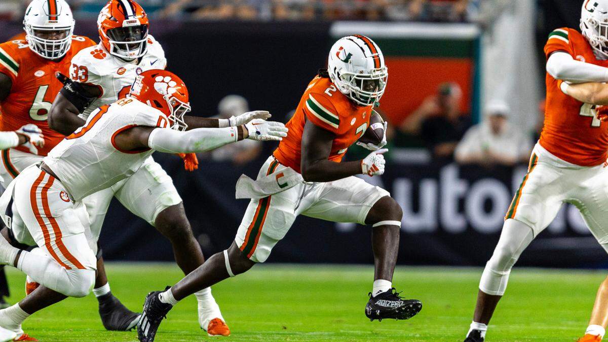 University of Miami running back Donald Chaney, Jr. (2) runs the ball during the first half of an ACC college football game against Clemson University at Hard Rock Stadium in Miami Gardens, Florida, on Saturday, October 21, 2023.