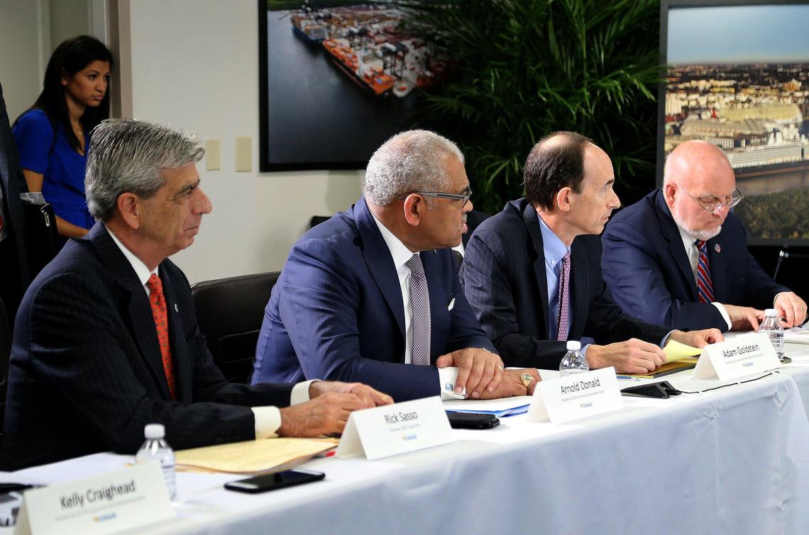 From left, Rick Sasso, chairman, MSC Cruises USA; Arnold Donald, president & CEO, Carnival Corp.; Adam Goldstein, chairman, Cruise Lines international Association; and Dr. Robert Redfield, CDC director, joined US. Vice President Mike Pence and Florida Gov. Ron DeSantis, to discuss the coronavirus response at Port Everglades on Saturday.