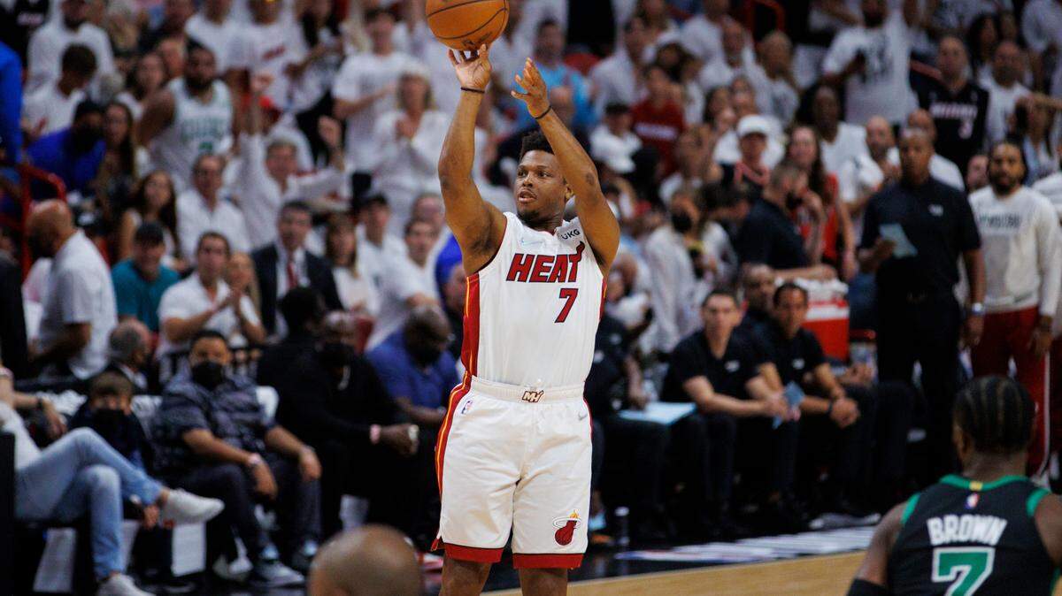 Miami Heat guard Kyle Lowry (7) attempts a basket during the first quarter of Game 5 of the NBA Eastern Conference Finals series against the Boston Celtics at FTX Arena in Miami, Florida, on Wednesday, May 25, 2022.