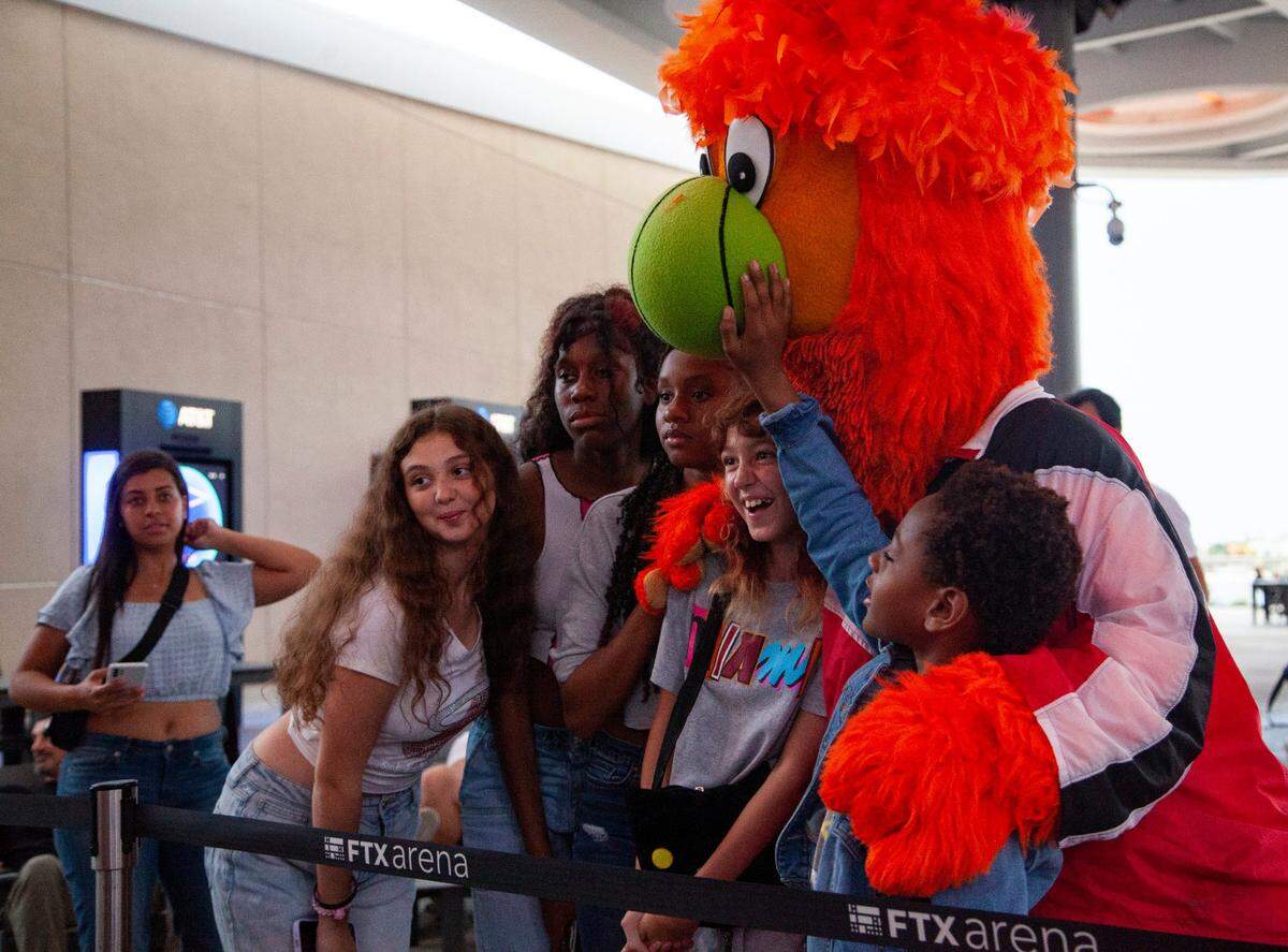 Burnie poses for a picture with fans during the 2023 Miami Heat Draft Watch Party at Kaseya Stadium on Thursday, June 22, 2023 in Miami, Florida.