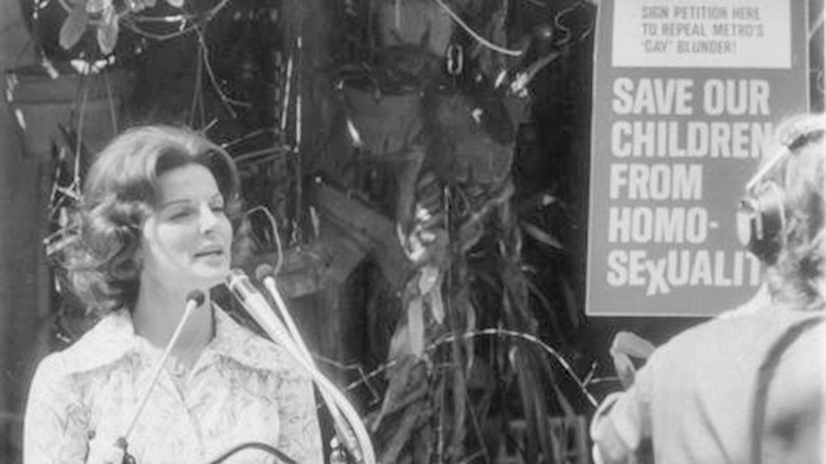 Anita Bryant addresses the media at her home in Miami Beach during her 1977 campaign against Dade County’s gay-rights ordinance. Voters repealed the ordinance on June 7, 1977, six months after the county had adopted it.