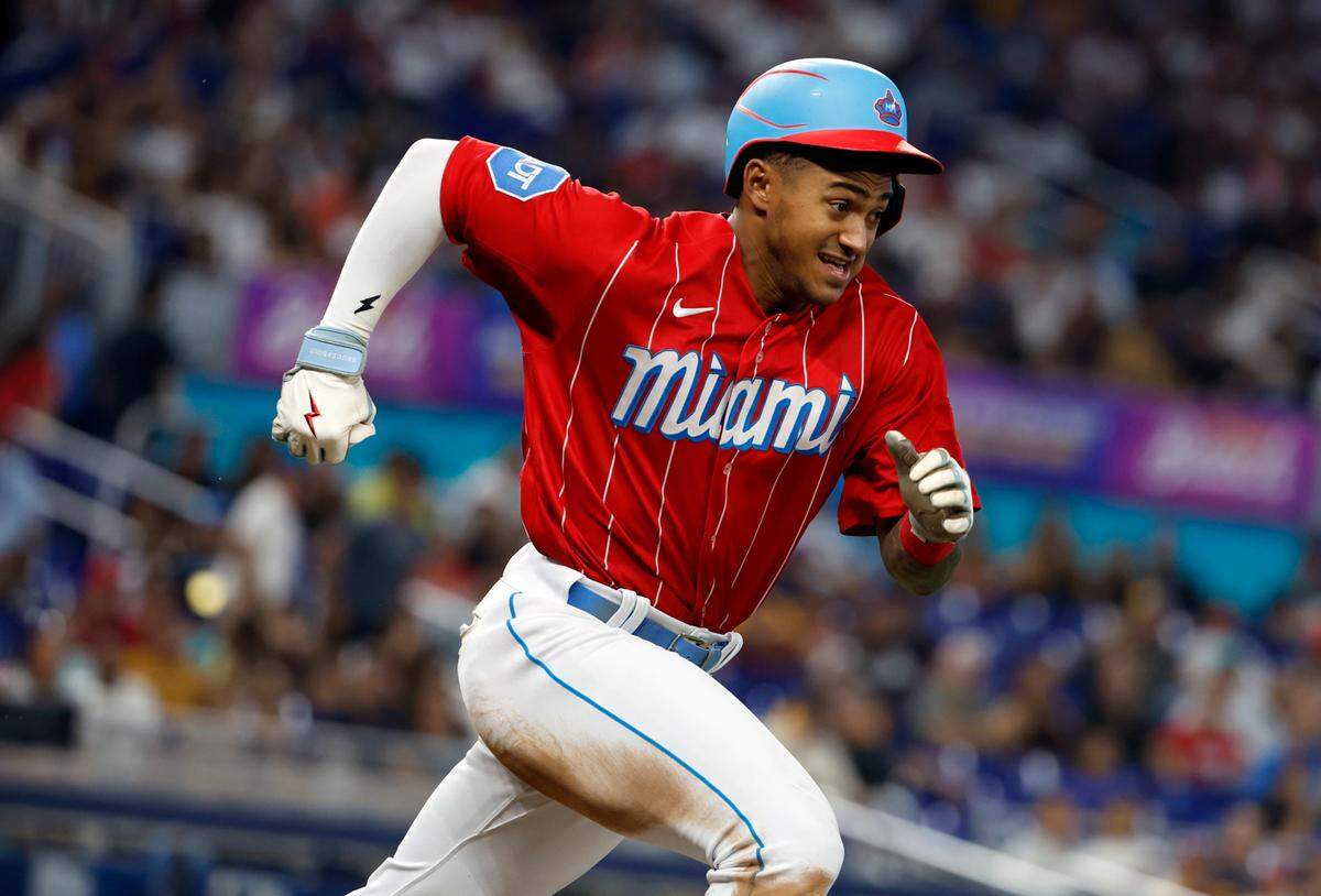 Miami Marlins center fielder Dane Myers (54) attempts to reach first base on a hit against the Detroit Tigers in the ninth inning at loanDepot park in Miami on Saturday, July 29, 2023.