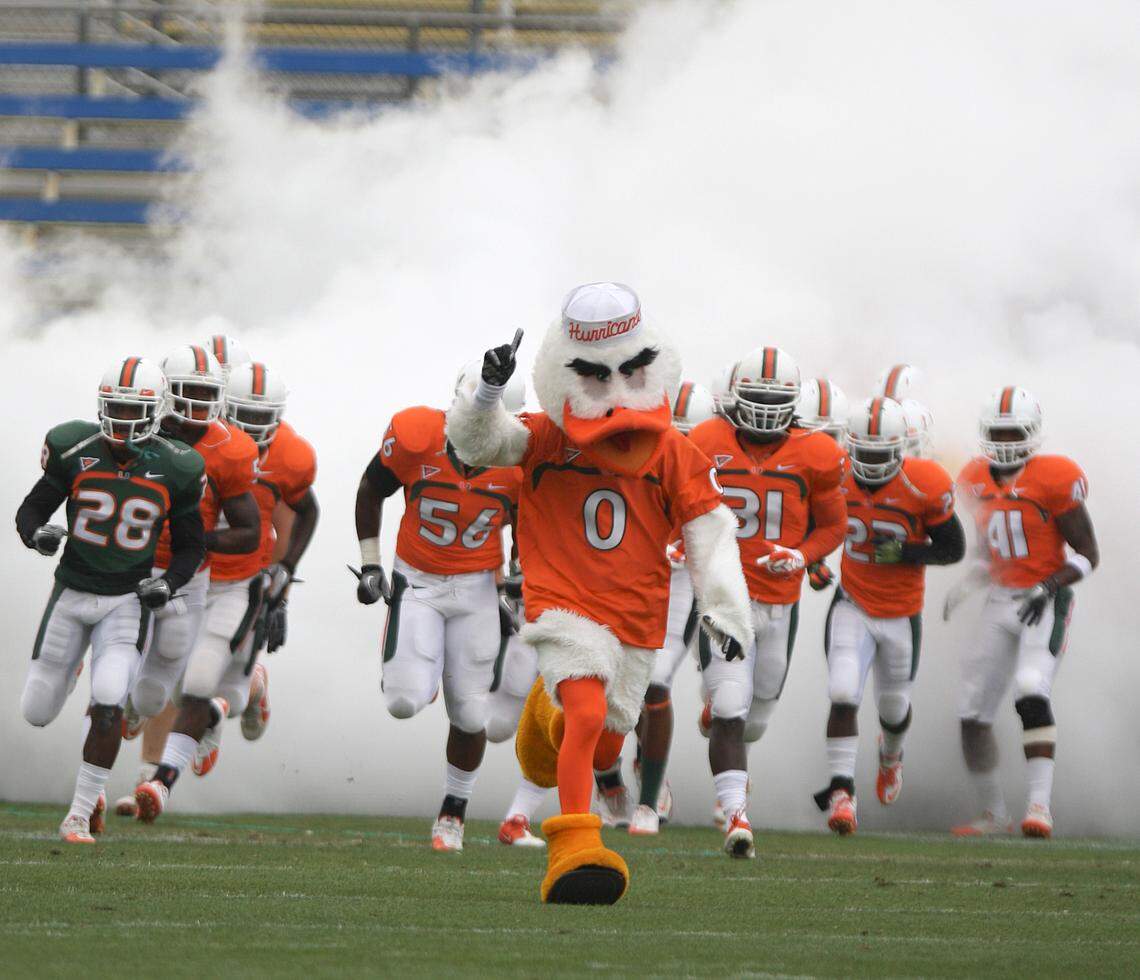 Miami Hurricanes’ Mascot, Ibis, rushes the field with players at start of the UM football team’s annual spring game at the Lockhart Stadium in Fort Lauderdale, Saturday, April 16, 2011.
