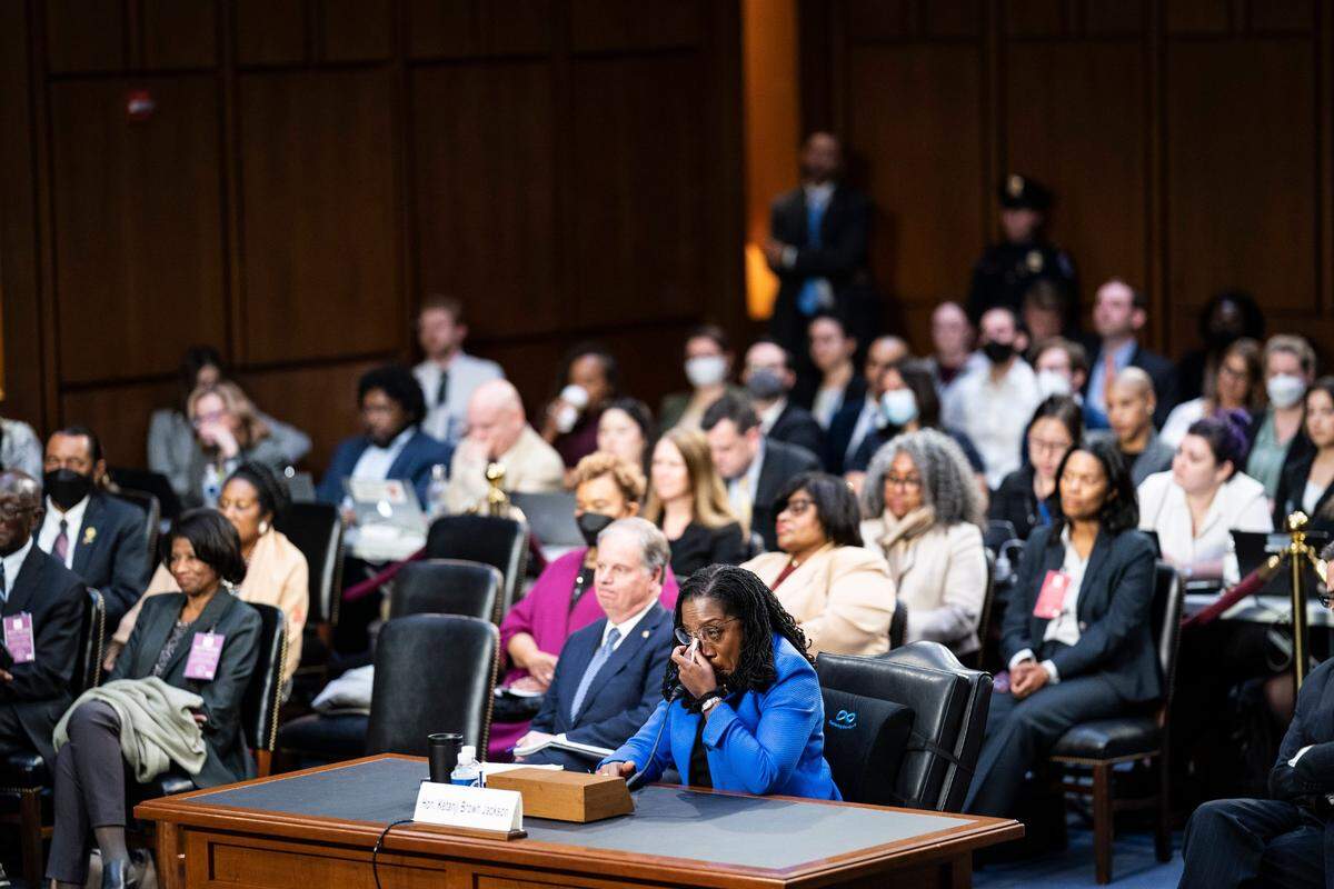 Supreme Court nominee Judge Ketanji Brown Jackson wipes away tears as she testifies on the third day of her confirmation hearing before the Senate Judiciary Committee on Capitol Hill, Wednesday, March 23, 2022 in Washington.