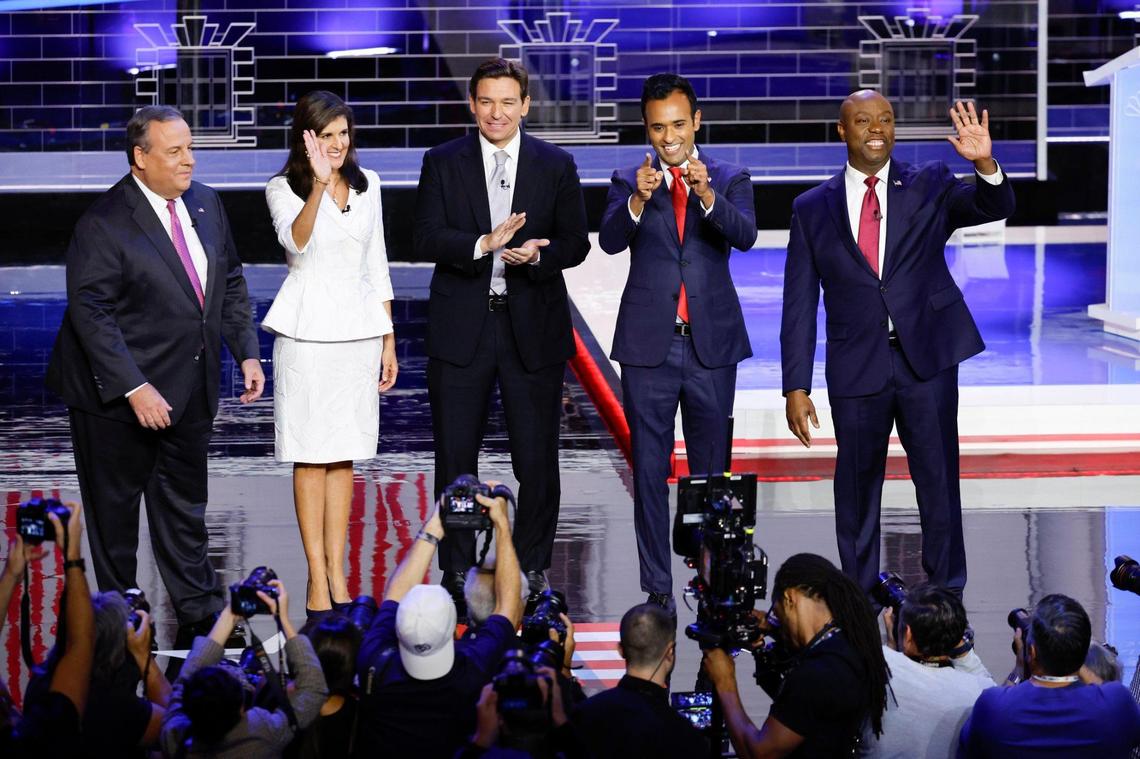 Candidates arrive for the third Republican presidential primary debate at the Adrienne Arsht Center for the Performing Arts of Miami-Dade County on Wednesday, November 8, 2023 in downtown Miami, Fla. Left to right are, Former Gov. Chris Christie of New Jersey, former U.N. Ambassador Nikki Haley, Florida Gov. Ron DeSantis, businessman Vivek Ramaswamy, and Sen. Tim Scott of South Carolina.