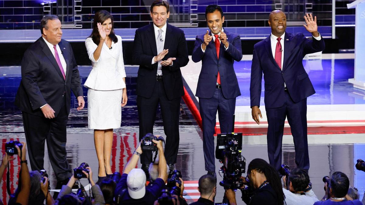 Candidates arrive for the third Republican presidential primary debate at the Adrienne Arsht Center for the Performing Arts of Miami-Dade County on Wednesday, November 8, 2023 in downtown Miami, Fla. Left to right are, Former Gov. Chris Christie of New Jersey, U.N. Ambassador Nikki Haley, Florida Gov. Ron DeSantis, businessman Vivek Ramaswamy, and Sen. Tim Scott of South Carolina.
