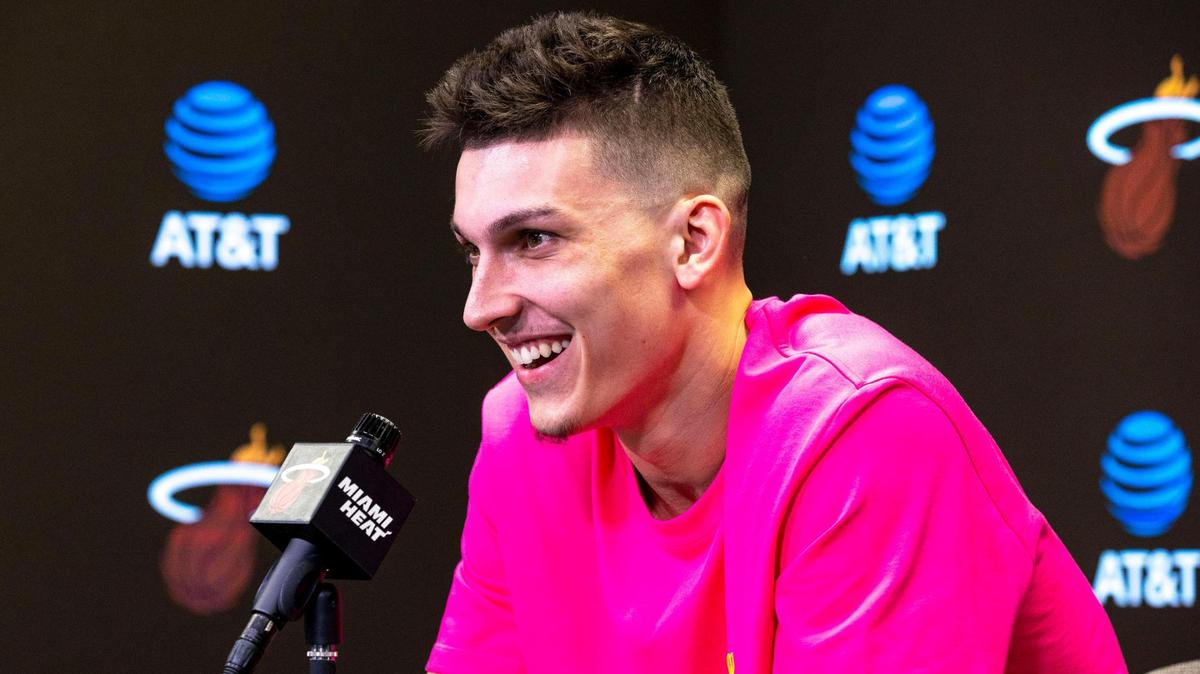 Heat guard Tyler Herro speaks to the press during the final media availability of the 2021-2022 season at FTX Arena in Miami, Florida, on Tuesday, May 31, 2022.