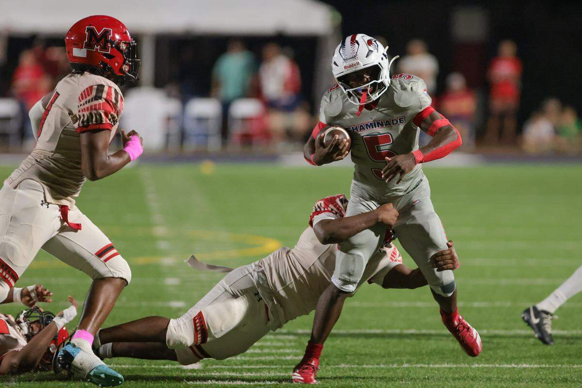 Chaminade-Madonna Lions running back Lee Prince Jr. (5) carries the football against the Monarch Knights during the second quarter of a high school football game at Chaminade-Madonna College Preparatory school in Hollywood, Florida, Friday, October 3, 2025.