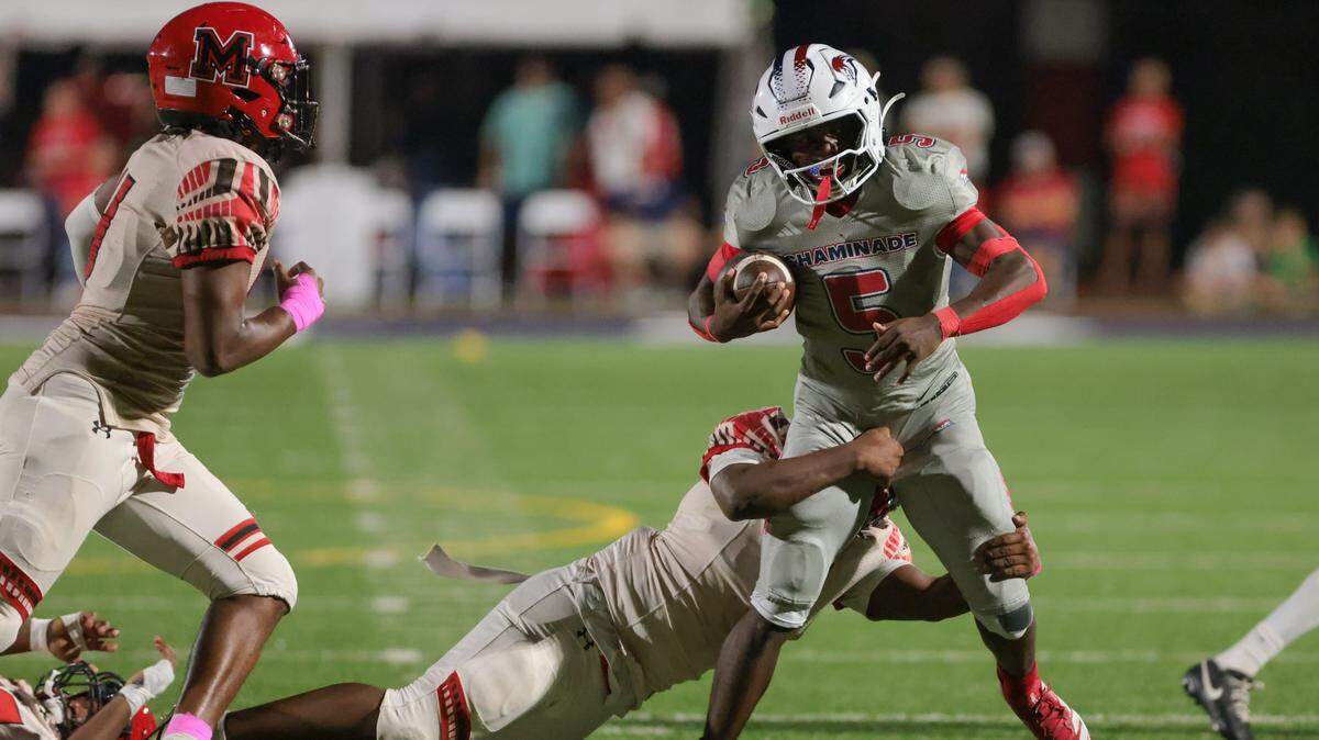 Chaminade-Madonna Lions running back Lee Prince Jr. (5) carries the football against the Monarch Knights during the second quarter of a high school football game at Chaminade-Madonna College Preparatory school in Hollywood, Florida, Friday, October 3, 2025.