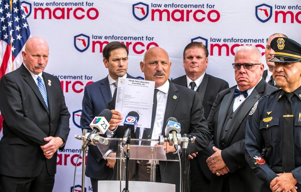 John Kazanjian, President of the Florida Police Benevolent Association, announces the endorsement of its members to the U.S Senator Marco Rubio, for the next Florida Senate Race in November 2022 against Democratic contender Representative Val Demings. The announcement took place during the South Florida PBA Law Enforcement Awards Gala 2022 at the Trump National Doral Miami in Doral, on Saturday May 21, 2022.
