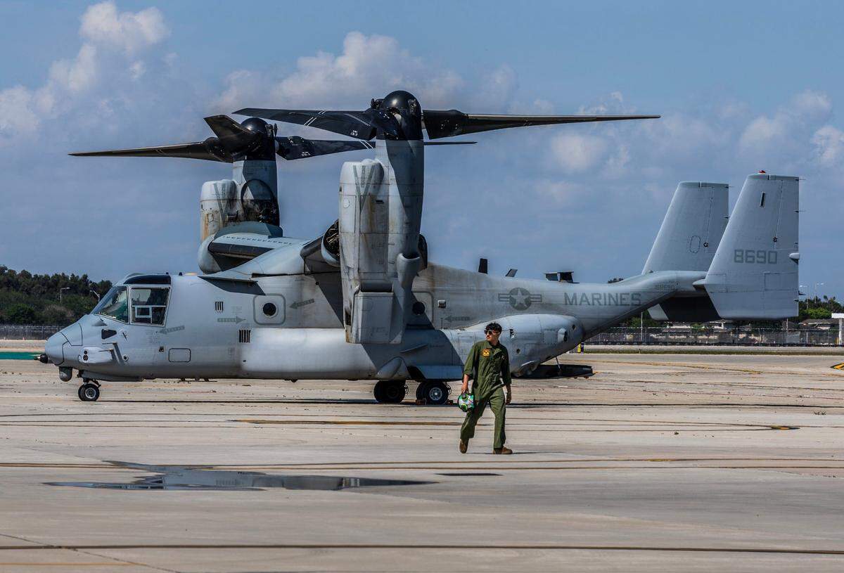 A Bell Boeing V-22 Osprey tiltrotor military transport aircraft is seen at the U.S. Coast Guard Air Station in Opa-locka ahead of the Hyundai Air & Sea Show, which returns to Miami Beach for the annual National Salute to America’s Heroes on Friday, May 23, 2025.
