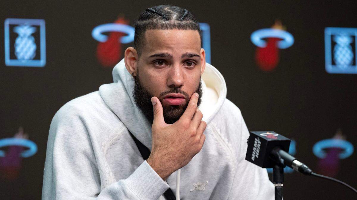 Miami Heat forward Caleb Martin (16) speaks to reporters during end-of-season exit interviews at the Kaseya Center in Miami on Friday, May 3, 2024.