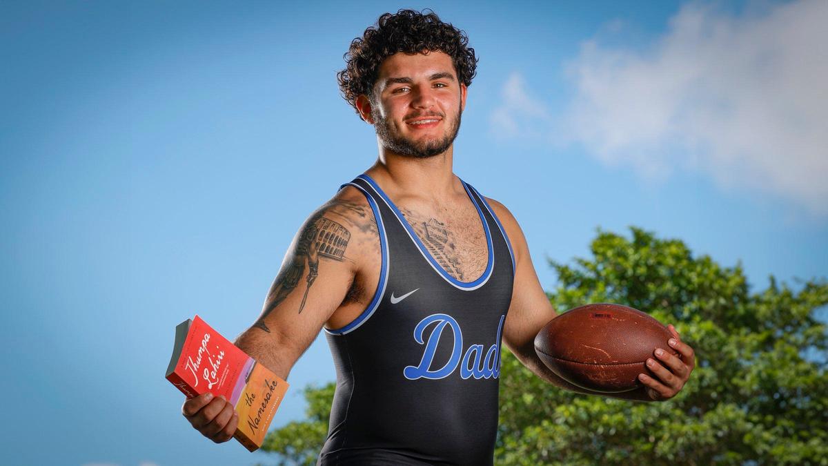 Sawyer Bartelt 18, a 215lb senior wrestling and football defensive end at South Dade High School, is photographed for All-Dade Players of the Year at A.D. Barnes Park in Miami, Florida on Wednesday, May 8, 2024.
