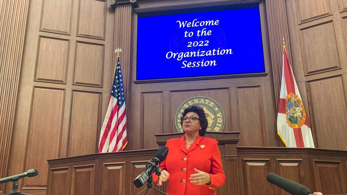 Florida Senate President Kathleen Passidomo, R-Naples, speaks to reporters in the chambers of the Florida Senate on Tuesday, Nov. 22, 2022, in Tallahassee, Fla.
