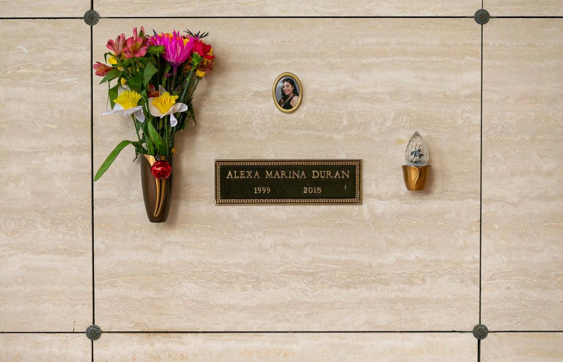 The resting place of Alexa Duran at Vista Memorial Gardens in Miami Lakes, Florida on Sunday, March 13, 2022. Alexa Duran is one of six victims who were killed outside of Florida International University when a pedestrian bridge, still underway, collapsed on March 15, 2018. She was an 18-year-old student at FIU when she died.