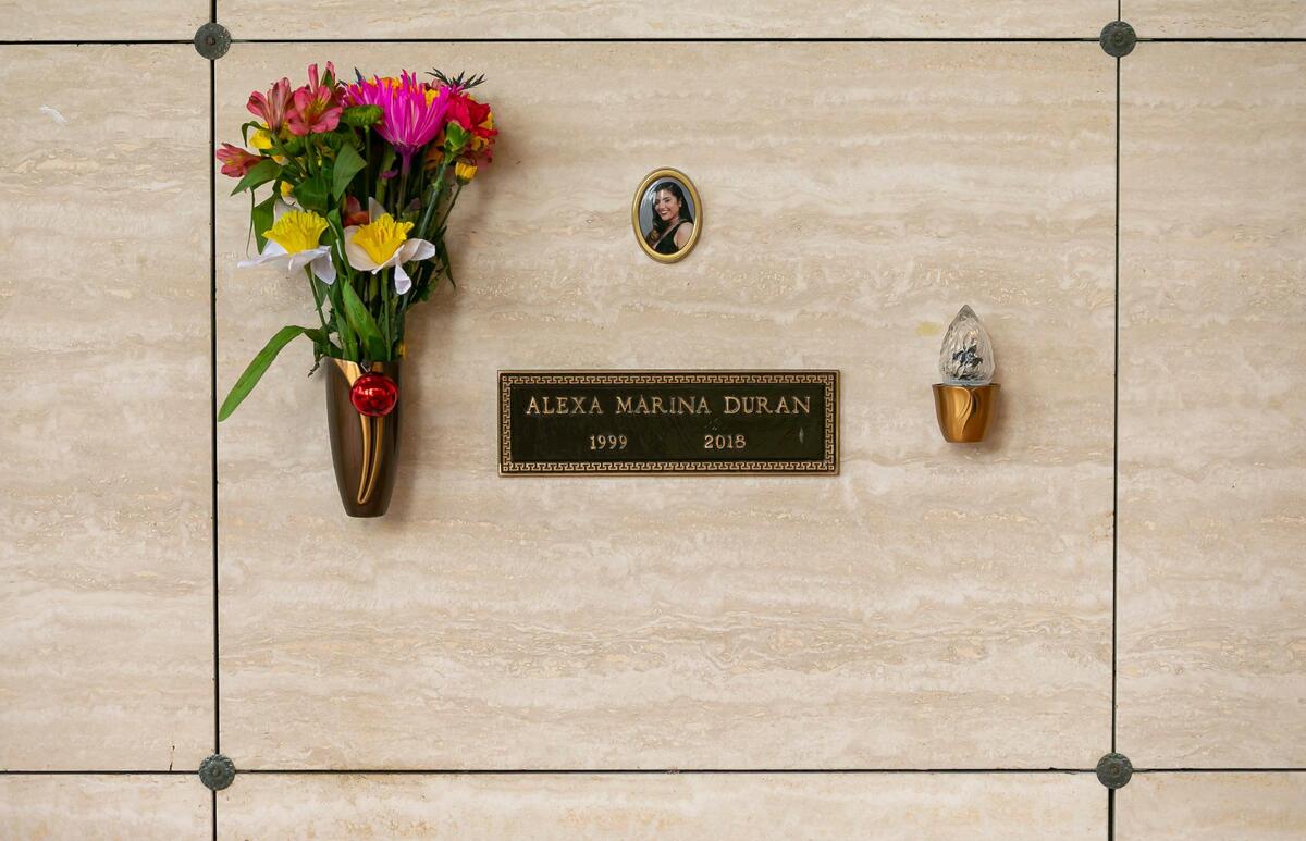 The resting place of Alexa Duran at Vista Memorial Gardens in Miami Lakes, Florida on Sunday, March 13, 2022. Alexa Duran is one of six victims who were killed outside of Florida International University when a pedestrian bridge, still underway, collapsed on March 15, 2018. She was an 18-year-old student at FIU when she died.