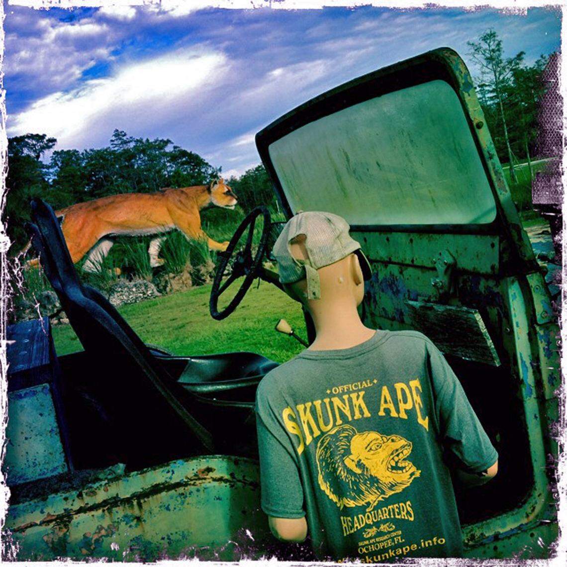 David Shealy runs the Skunk-Ape Research Headquarters and Camp grounds in Ochopee, Florida. A rusted out Jeep graces the grounds of the center.