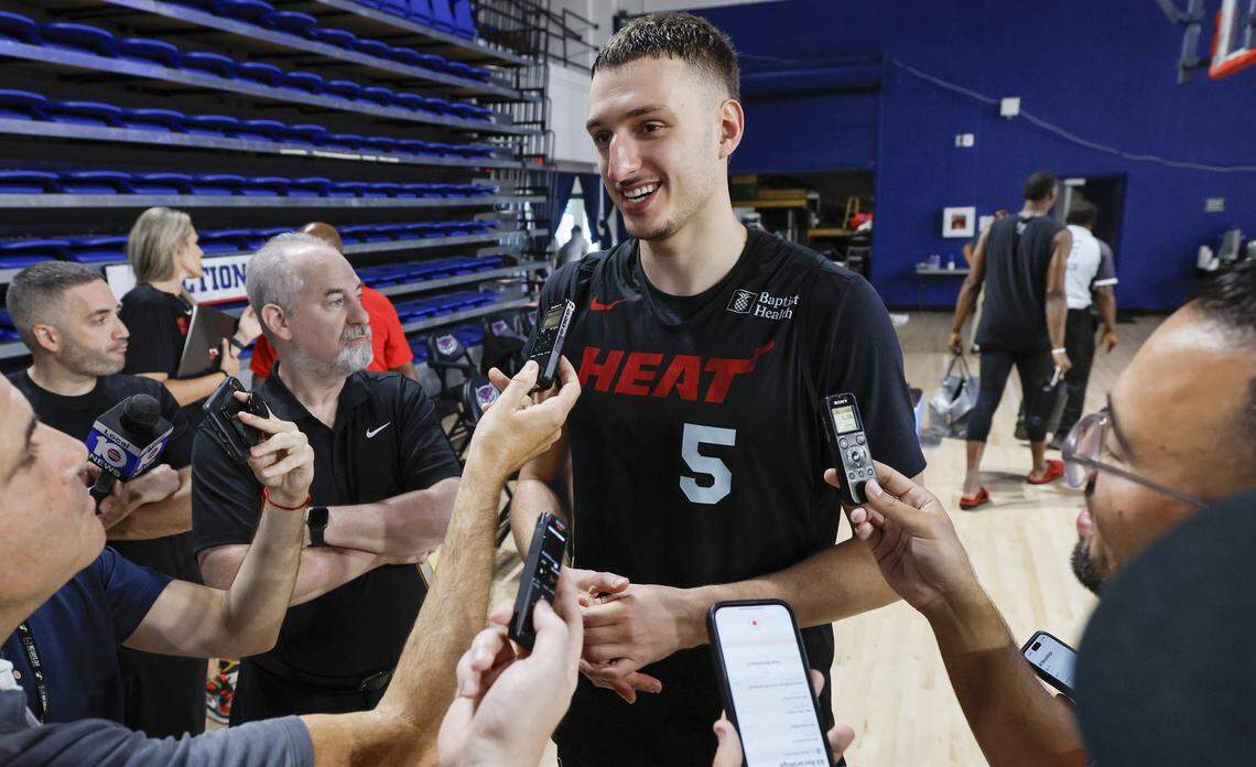 Miami Heat forward Nikola Jovic (5) speaks to reporters after training camp at Abessino Court at Eleanor R. Baldwin Arena at Florida Atlantic University in Boca Raton, Florida, on Thursday, October 2, 2025.