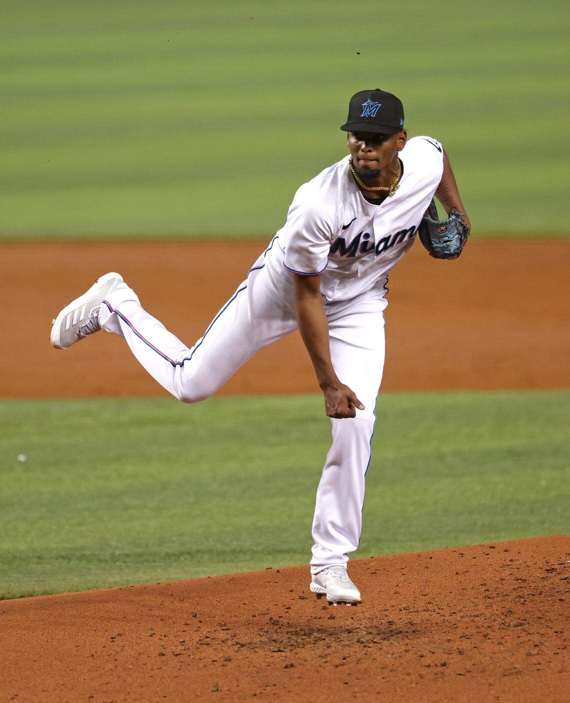 Miami Marlins pitcher Edward Cabrera (79) pitches against the Washington Nationals during the third inning of their baseball game at loanDepot park on Wednesday, August 25, 2021 in Miami, Florida.